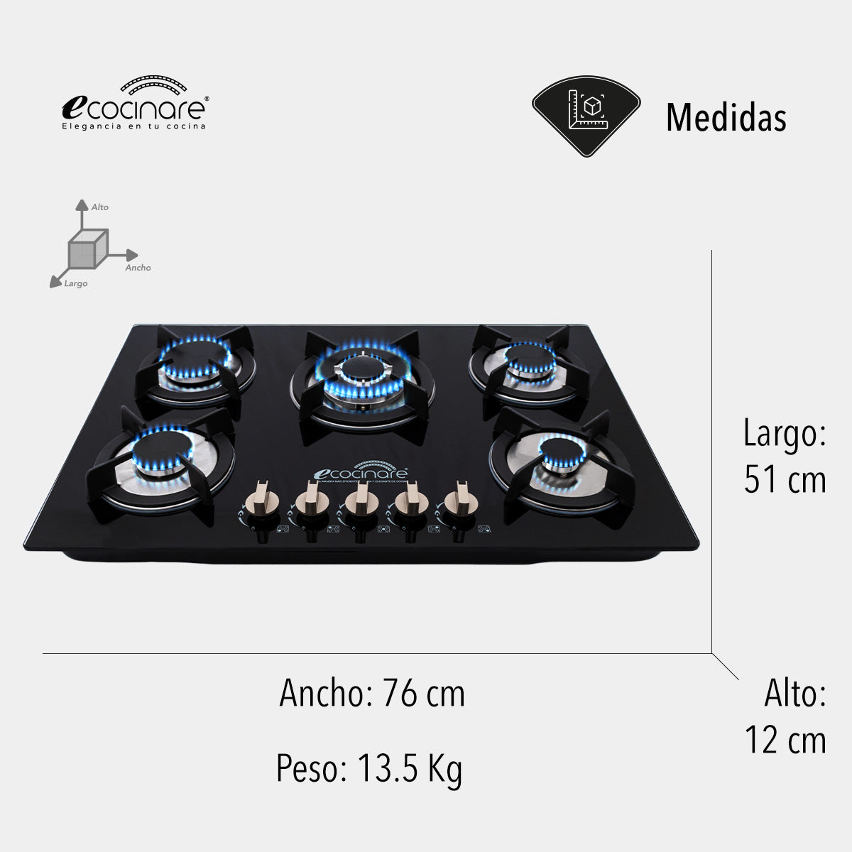 Estufa Parrilla Empotrable de 5 Quemadores de Cristal Templado ECOCINARE